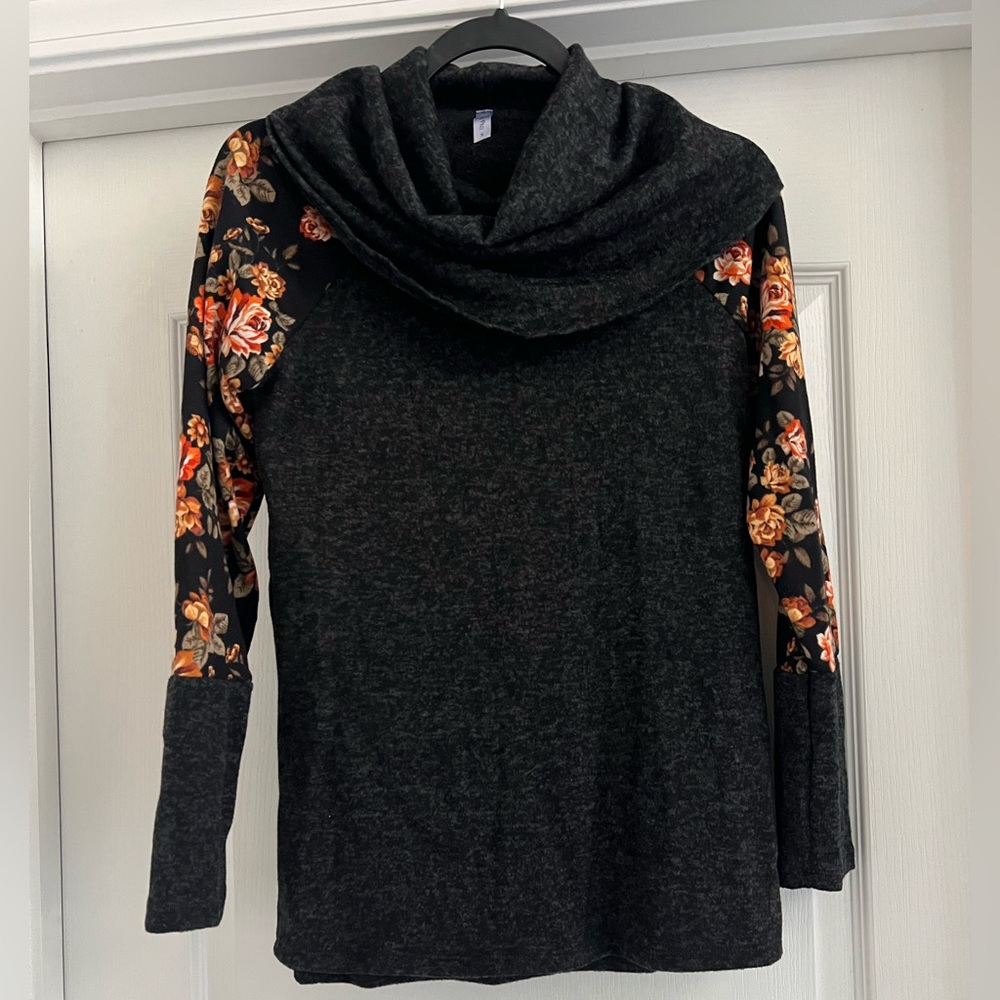 Acting Pro Dark Gray Cowl Neck Top with floral accent long sleeves